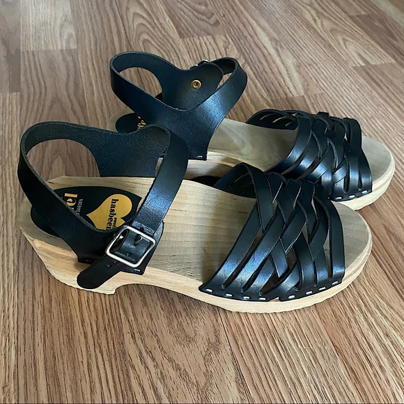 Swedish Hasbeens Shoes - Swedish Hasbeen Black Braided Leather High Peep Toe Wooden Sandal EUC Sz 39